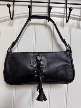 NWOT Lovcat Paris Black Leather Heart Laced Shoulder Purse 10” by 4.5” by 2”